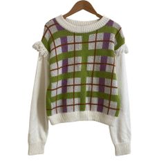 美品 POPPY ポピー あさぎーにょ ポップカラーチェックニット フリンジ セーター サイズF グリーン レディース 古着 中古 USED