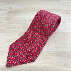 HERMES/エルメス ネクタイ 7394 UA シルク100% レッド系 総柄 ベルト柄/ホースビット メンズ[OZ02662]