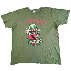 USA製エド・ハーディーEd Hardy半袖Tシャツ両面プリントタトゥーデザイン骸骨スカル緑グリーンカーキフェード白ホワイトピンク西海岸アメカジゆるダボビッグサイズオーバーサイズルーズシルエットvintageヴィンテージ60625