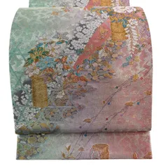 【美品】 袋帯 秀品 草花 竹 金銀糸 刺繍 ピンク 六通 正絹 【中古】