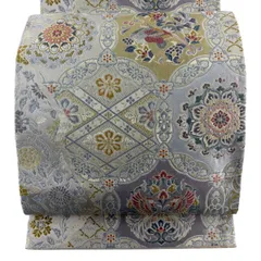 【美品】 袋帯 秀品 向かい鳥 華文 箔 灰色 六通 正絹 【中古】
