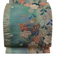 袋帯 秀品 花丸文 草花 箔 緑 六通 正絹 【中古】