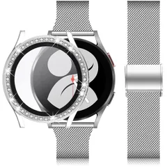 JOYOZY バンド Samsung Galaxy Watch 4 40mm対応 スクリーンプロテクターケース 20mmクイックリリース腕時計バンド ステンレススチールストラップ ダイヤモンドベゼルケースカバー Galaxy Wat [シルバー] [40mm]
