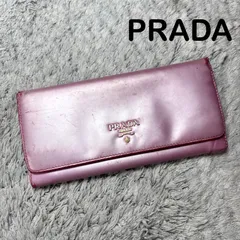 PRADA プラダ 長財布 フラップ メタリック ピンク レザー メタルロゴ フラップ式 二つ折り 訳あり