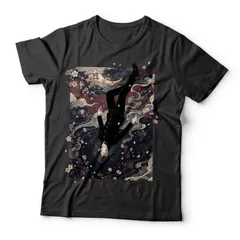 和風グラフィックプリント 半袖Tシャツ ユニセックス ブラック 桜 花柄 浮世絵風 和柄 アートプリント ストリート カジュア Z00078