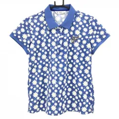 【超美品】アンパスィ 半袖ポロシャツ スモーキーブルー×白×イエロー 花柄 胸ロゴ刺しゅう レディース L ゴルフウェア and per se
