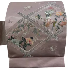 名古屋帯 秀品 花鳥 菱 銀糸 箔 薄紫 正絹 【中古】