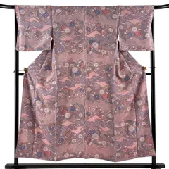 【美品】 小紋 身丈152.5cm 裄丈65.5cm M 袷 草花 七宝 金彩 ピンク 正絹 優品 【中古】