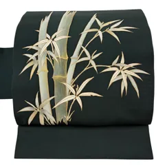 名古屋帯 秀品 竹 笹 金彩 深緑 正絹 【中古】