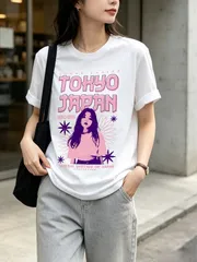 新品未使用 「TOKYO JAPAN」都市ガールグラフィック グラフィックTシャツ 100%コットン 半袖 男女兼用 普段着 カジュアル ストリート デイリーウェア 春夏 個性派 おしゃれデザイン ギフト向け ユニーク お出かけ 日常着