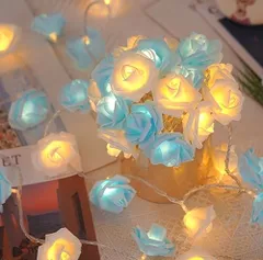 [アクアミー] バラ ストリング ライト LED イルミネーション 電池式 薔薇 造花 室内 パーティー 装飾 飾り (3m30灯 ホワイト＆ブルー)ym 1eb409d7