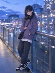 2Lサイズ c415 夜の街とパーカー姿の少女を描いたアニメ調イラストのデジタルアート作品
