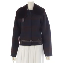 エルメス ミンク カシミヤ レザー切替  チェック ラグランスリーブ ブルゾン ジャケット アウター ネイビー ブラウン 36【中古】