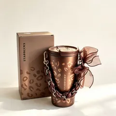 【新品】  STARBUCKS スターバックス レオパード柄 タンブラー リボン持ち手 470ml ブラウン リボン チェーン付き 海外限定