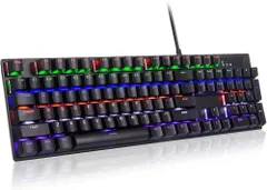 HUO JI ゲーミングキーボード 有線 メカニカルキーボード 赤軸 静音 フルサイズ テンキー付き US配列 ブラック レインボーLEDバックライト 高速応答 高耐久性 ゲーム・オフィス用 Windows/Mac/PS5対応