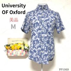 ★University OF Oxford★ Mサイズ 青 ブルー メンズ 상태좋음 Yシャツ 半袖 平織り 薄手 綿100% 迷彩 襟裏切り替え ハンガーループ付き カジュアル お出かけ