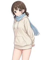 2Lサイズ c387 ベージュのパーカーと水色のマフラーを着用した少女のイラストレーション