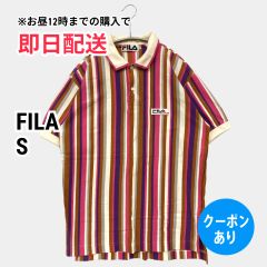 FILA フィラ ポロシャツ S レッド ストライプ柄 ワンポイント ブランドロゴ 半袖 メンズ