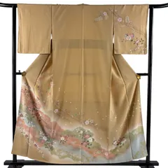 訪問着 身丈154cm 裄丈62cm S 袷 草花 金彩 ぼかし 薄茶色 正絹 名品 【中古】