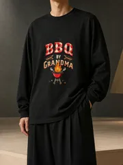 BBQ BY GRANDMA バーベキューグリル英字グラフィック長袖 T シャツ