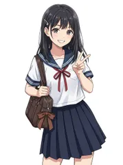 A3サイズ c377 セーラー服を着た黒髪の女子学生のイラスト アニメ調 ピースサイン スクールバッグを持つ少女の画像素材