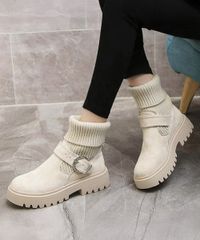 ソックス風ショートブーツ厚底 レディース【カラー：ベージュ　商品コード：AIFEI-001】