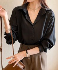シャツブラウス 襟付き 長袖 レディース【カラー：ブラック　商品コード：81KAISL-005】