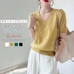ニットトップス レディース サマーニット 半袖 パフスリーブ Vネック 無地 体型カバー 涼しい コーデ 夏 女性用 エレガント プルオーバー シンプル