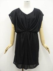 美品 アーヴェヴェ a.v.v 洗えるひざ丈 半袖 Vネック ワンピース L ブラック ボーダー柄  中古