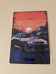 日産スカイラインGT-R R34 夕日 ブリキ看板 メタルサインプレート アンティーク調 アメリカン雑貨 ウォールデコ レトロ ビンテージ加工