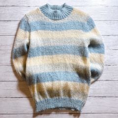 雰囲気抜群 GARLAND Knit Sweater ガーランド ブルー グレー アイボリー ボーダー モヘア調 シャギー ニット セーター 레트로 古着 #M7316