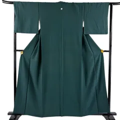 色無地 身丈159cm 裄丈64.5cm M 袷 地紋 深緑 正絹 優品 一つ紋 【中古】