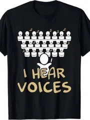 「声が聞こえる」グラフィックプリント付きユーモア合唱団教師Tシャツ - 合唱団メンバー＆音符デザインのブラックカジュアルクルーネックTシャツ - 音楽愛好家へのギフト、耐久性抜群なキャラクターデザイン 春夏秋必須アイテム