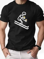 メンズ ユーモア スキー＆ビール ラバー Tシャツ - スキーリフトチケット＆ビールデザインのホワイトカジュアルTシャツ - スキートリップ、パーティー、アフタースキーに最適な軽量通気性シャツ - 大人男性向けオールシーズンアパレル（レギュラーフィット）