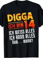 メンズ 面白いドイツ語の誕生日の言葉 Tシャツ  (私は14歳、私はすべてを知っている) 2010年ヴィンテージデザイン - 面白い14歳向けギフトアイデア - ティーン向け カジュアル ラウンドネックTシャツ -