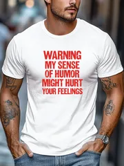 【大きいサイズ】メンズ Tシャツ、リラックス カジュアル、簡単 レジャー、メンズ WARNING MY SENSE OF HUMOR MIGHT HURT YOUR FEELINGS パターン 夏 カジュアル ラウンドネック 半袖 Tシャツ