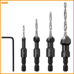 中古 送料無料★下穴・皿取錐ドリルビットセット 1/4"六角軸 4本組 レンチ付属 #6#10#13#16皿穴ドリルビット 木 即納