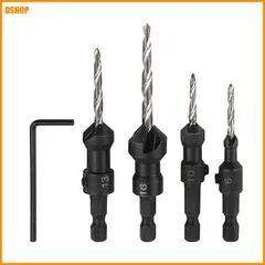 中古 送料無料★下穴・皿取錐ドリルビットセット 1/4"六角軸 4本組 レンチ付属 #6#10#13#16皿穴ドリルビット H 即納