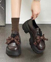 チェックリボン厚底ローファーレースアップ【カラー：ブラウン　商品コード：3JIANLONG-094】