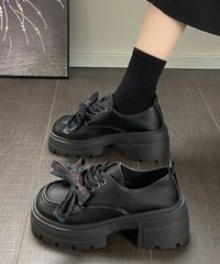 チェックリボン厚底ローファーレースアップ【カラー：ブラック　商品コード：3JIANLONG-094】