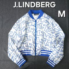 【値下げ交渉受付中】美品 J.LINDEBERG 近年モデル ナイロンブルゾンジャケット ブリッジロゴ 総柄デザイン ホワイト×ブルー M表記 Lサイズ相当 レディース ジェイリンドバーグ