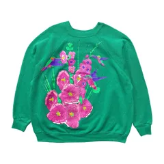 古着 USA製 90S TULTEX タルテックス 花柄 ハチドリ ヴィンテージ スウェット トレーナー プリント レディース1X グリーン BD3731