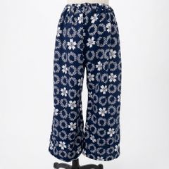 浴衣リメイク/Japanese Kimono Remake/ワイドパンツ ウエスト紐 紺地に桜と花唐草模様