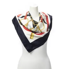 [中古] HERMES エルメススカーフネイビー、赤、金100% ツイルシルクA