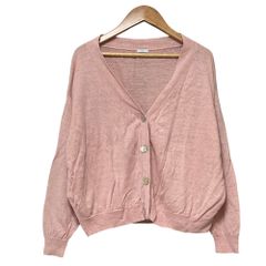 美品 ichi イチ Vネック リネン ニットカーディガン ピンク レディース 古着 中古 USED