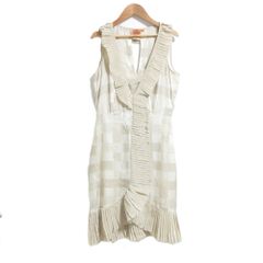 良品 TORY BURCH トリーバーチ シルク100％ プリーツ加工 ひざ下丈 ミモレ丈 ドレス ワンピース 6サイズ ベージュ レディース 古着 中古 USED