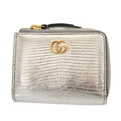 美品 グッチ GGマーモント 644406 リザード シルバー コンパクトウォレット L字ファスナー財布 財布 1150 GUCCI