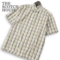 THE SCOTCH HOUSE スコッチハウス 春夏★ 麻 リネン混 半袖 チェック柄 ロゴ刺繍 ボタンダウン シャツ Sz.M メンズ