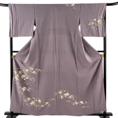 訪問着 身丈159.5cm 裄丈66.5cm M 袷 落款 枝花 灰紫 正絹 秀品 一つ紋 【中古】