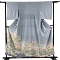 色留袖 身丈154.5cm 裄丈63cm S 袷 落款 風景 松竹梅 ぼかし 青灰色 正絹 秀品 一つ紋 【中古】